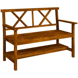 Buy Two-Seater Fir Wood Bench, with Bottom Shelf - Natural