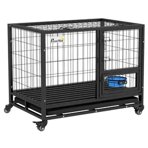 Buy Heavy Duty Dog Crate on Wheels w/ Bowl Holder, Removable Tray, Openable Top, Detachable Door, for M, L Dogs