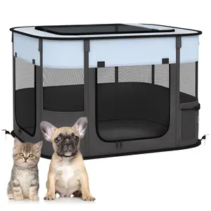 Buy Foldable Dog Pen with Storage Bag for Indoor/Outdoor Use, Portable Pet playpen, with Ground Stakes - Grey