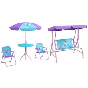 Buy 4PCs Kids Garden Furniture Set w/ 2 Seater Garden Swing Chair with Adjustable Canopy, Childrens Table and Chair Set with Parasol, for Toddler Girls 3-6 Years Old