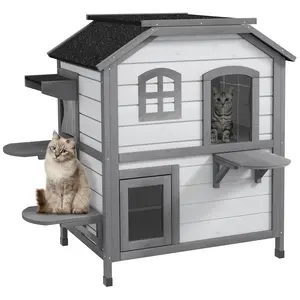 Buy 2-Story Indoor or Outdoor Cat House W/ Escape Door, Cat Shelter, White