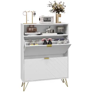 Buy 12 Shoe Storage Cabinet, with Chevron Indents and Gold Tone Accents - White