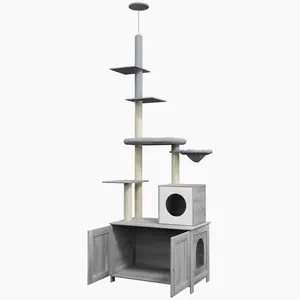 Buy 2-in-1 Floor-To-Ceiling Cat Tree with Hidden Litter Box, for Indoor Use - Grey