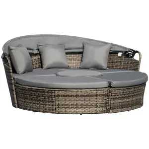 Buy Outdoor PE Rattan Garden Furniture with Cushioned, Patio Wicker Conversation Furniture Set, Round Daybed with Retractable Canopy, Coffee Table and Three Pillows, Dark Grey