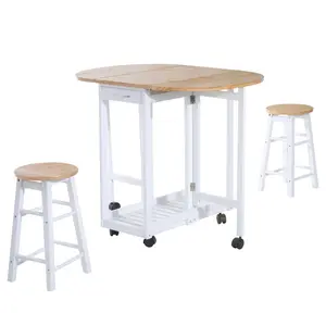 Buy 3PC Wooden Kitchen Cart Mobile Rolling Trolley Folding Bar Table Two Stools Dining Chair Storage Shelf w/2 Drawers & 6 Wheels