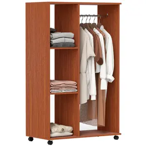 Buy Open Wardrobe on Wheels, Bedroom Wardrobe with Clothes Hanging Rail, 3 Storage Shelves, Mobile Garment Rack for Cloakroom, Hallway, Walnut
