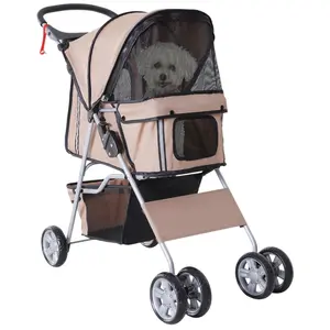 Buy Pet Stroller for Small Miniature Dogs Cats Foldable Travel Carriage with Wheels Zipper Entry Cup Holder Storage Basket Brown
