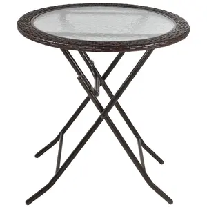 Buy Folding Rattan Garden Dining Table, 68 cm Round Rattan Garden Table with Water Ripple Tempered Glass Top, Wicker Edging  and Steel Frame for Outdoor, Patio, Brown
