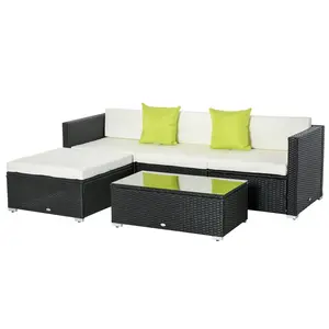 Buy 4-Seater Rattan Sofa Set Set Garden Outdoor Sectional Sofa Coffee Table Metal Frame w/Cushion Pillows-Black