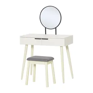 Buy Dressing Table with Mirror and Stool, Vanity Makeup Desk Set with 2 Drawers, Cushioned Stool and Make-up Organizer for Bedroom and Dressing Room, White