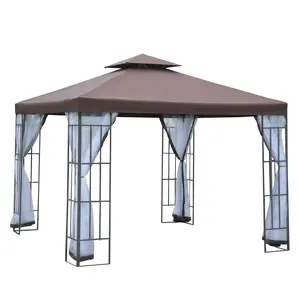 Buy 3 x 3(m) Patio Gazebo Canopy Garden Pavilion Tent Shelter with 2 Tier Roof and Mosquito Netting, Steel Frame, Coffee