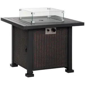 Buy Square Propane Gas Fire Pit Table, 50000 BTU Rattan Smokeless Firepit Patio Heater with Glass Screen, Glass Beads and Lid, 81cm x 81cm x 64cm, Black