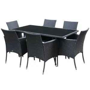 Buy 6 Seater Rattan Dining Set with Cushions, Rattan Garden Furniture Set with 6 Armchairs, Rectangular Glass Top Table, Outdoor Dining Table and Chairs, Black