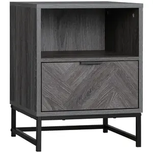 Buy Bedside Table with Drawer and Shelf, Side End Table with Steel Legs for Living Room, Bedroom, Dark Grey