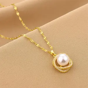 Buy Elegant Trendy Pearl and AAA CZ Crystals Necklace 18K Gold Plated Titanium Steel