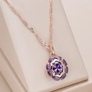 Buy Luxury Sparkling 14K Rose Gold Filled Oval Purple Natural Zircon Crystals Necklace