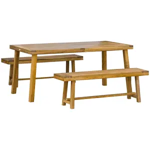 Buy 3 Pieces Picnic Bench Set with Table and 2 Benches, Acacia wood Dining Trestle Beer Table and Seat,  Natural Wood Finish