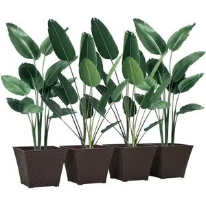 Buy Outdoor Planter Pack of 4, Rattan Effect Plant Pots Indoor Stackable Design, for Garden Patio Porch Deck, Brown