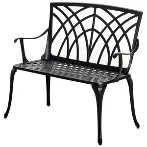 Buy 2-Seater Cast Aluminium Garden Bench Loveseat Outdoor Furniture Chair w/ Decorative Backrest & Ergonomic Armrest for Patio Terrace Porch