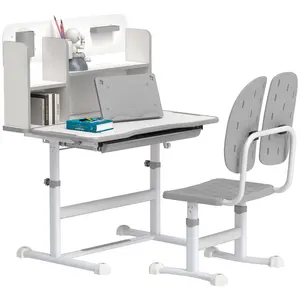 Buy Height Adjustable Kids Desk and Chair Set, Children School Study Desk with Tiltable Desktop, Reading Rack, Grey