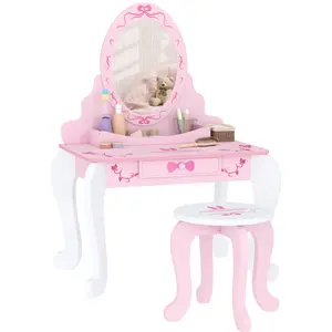 Buy Kids Dressing Table Set, Vanity Table with Stool, Mirror, Drawer, Desktop, Storage, Ballet-Theme, Pink
