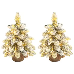 Buy 1.5ft Mini Artificial Christmas Trees with Lights Set of 2, Snow Flocked Tabletop Christmas Trees with Base, Battery Operated, Desktop Party Decoration