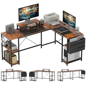 Buy 168cm Reversible L Shaped Desk, Industrial Corner Computer Desk with Adjustable Shelf and Storage Bag, 240cm 2 Person Desk with Monitor Stand, Rustic Brown
