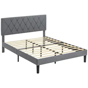 Buy Double Bed Frame with 5-Level Adjustable Linen Upholstered Headboard, Wooden Slats Mattress Foundation, No Box Spring Needed, Grey