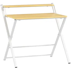 Buy Compact Folding Desk for Small Spaces, Foldable Computer Desk with Storage Shelf for Home Office, 2-Tier Study Writing Table, 86 x 66 x 82 cm, Maple Wood-effect