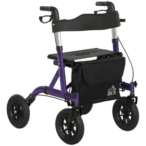 Buy Folding Rollator Walker with Seat, Backrest, Lightweight Walking Frame with Storage Bag, Dual Brakes, All-terrain Wheels, Adjustable Handle Height, 4 Wheeled Walker for Seniors, Purple