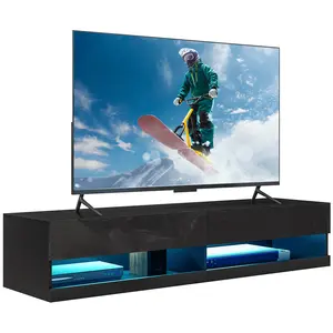 Buy Floating TV Unit, Wall Mounted TV Cabinet for TVs up to 65", High Gloss Media Wall Unit with LED Lights, Storage Shelves for Living Entertainment Room, Black