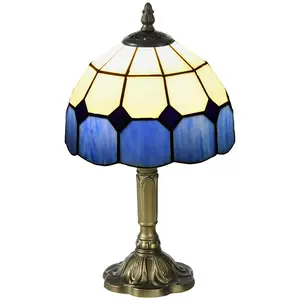 Buy Handmade Stained Glass Table Lamp, Antique Bedside Lamp for Bedroom, Living room, Home, Nightstand, Decorative Night Light, Blue
