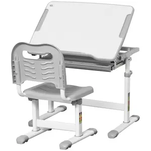 Buy Kids Desk and Chair Set, Student Adjustable Writing Desk, with Drawer, Pen Slot, Hook - Grey