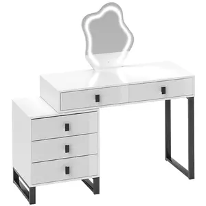 Buy LED Lighted Dressing Table with Leaf Shape Mirror, Modern Vanity Desk with 5 Drawers, Makeup Desk with Fluted Panels, White