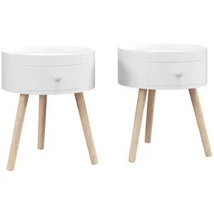 Buy Modern Side Table, Small Coffee Table, Round Bedside Table with Drawer and Wood Legs for Living Room, Bedroom, Set of 2, White