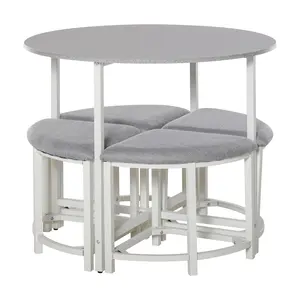 Buy Modern Round Dining Table Set with 4 Upholstered Stools for Dining Room, Kitchen, Grey
