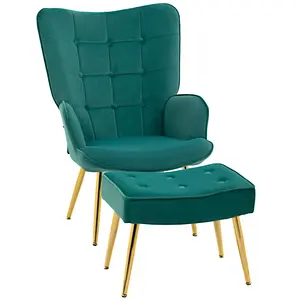 Buy Modern Armchair with Footstool, Upholstered Accent Chair with Ottoman, Steel Legs, Velvet Wingback Chair for Living Room, Bedroom, Home Study, Dark Green