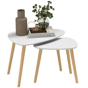 Buy Nesting Coffee Table, Set of 2 Side Tables, Stacking End Tables with Solid Wood Legs, for Living Room Bedroom, Light Grey