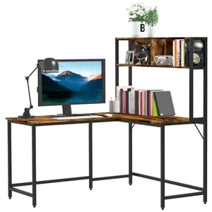 Buy Reversible L Shaped Desk with Hutch, Industrial Computer Desk, Corner Desk with Storage Compartments and Steel Frame for Home Office, Study, 140 x 125cm, Brown