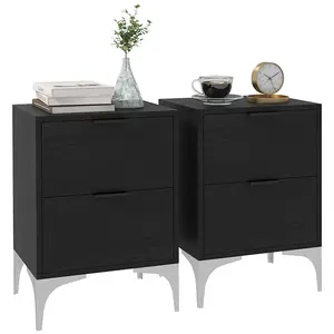 Buy Set of Two Wood Effect Bedside Tables with Silver Tone Steel Base, Black