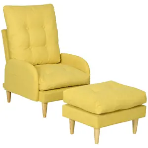 Buy  Upholstered Recliner Armchair with Footstool Set, Modern Button Tufted Accent Chair with Adjustable Backrest, Cushions, Wood Legs and Side Pockets for Living Room, Bedroom, Home Study, Yellow