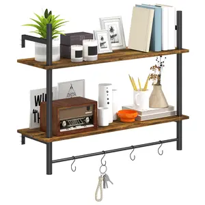 Buy Wall Mounted Floating Shelves with 4 Hooks, Rustic Wall Shelf Unit for Living Room, Entryway, Rustic Brown