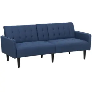 Buy Upholstered Click Clack Sofa Bed, Linen-Feel 3 Seater Sofa Bed with Storage and Cupholders, Dark Blue