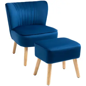 Buy Velvet Accent Chair Occasional Tub Seat Padding Curved Back w/ Ottoman Wood Frame Legs Home Furniture, Dark Blue