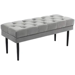 Buy Velvet Bed End Bench, Button Tufted Window Seat, Hallway Shoe Bench, Upholstered Accent Lounge Chair Stool for Living Room, Bedroom, Grey