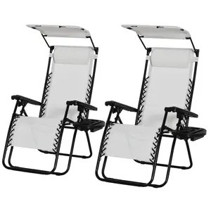 Buy 2 Piece Foldable Reclining Garden Chair with Headrest, Zero Gravity Deck Sun Lounger Seat Chair with Footrest, Armrest, Cup Holder & Canopy Shade, White