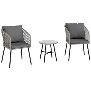 Buy 3 Piece Rattan Bistro Set with 2 Chairs, Tempered Glass Table, Cushions, Adjustable Foot Pads for Garden, Balcony, Grey
