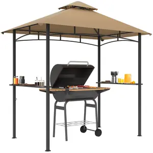 Buy 2.5M (8ft) Grill Gazebo Canopy, Double Tiered Outdoor BBQ Gazebo Shelter with 2 Side Shelves for Garden, Patio, Barbecue, Picnic, Khaki