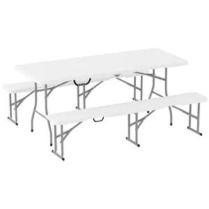 Buy 3 Piece 6ft Folding Picnic Table and Bench Set, Portable HDPE Camping Table and Chairs with Carrying Handles for Indoor Outdoor, Dining, Camping, Picnic, BBQ, Party, White