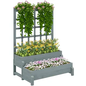 Buy 2-Tier Raised Garden Bed with Trellis, Wooden Elevated Planter Box with Drainage Holes, Outdoor Raised Planter for Climbing Plants, Fruits, Vegetables, Flowers, Grey